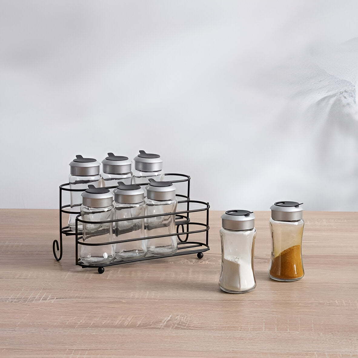 Orion 8-Piece Glass Spice Jar Set Metal Stand, Clear
