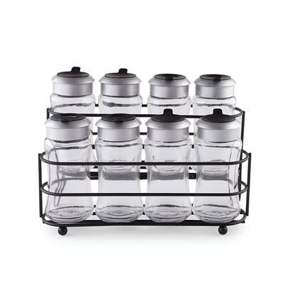 Orion 8-Piece Glass Spice Jar Set Metal Stand, Clear