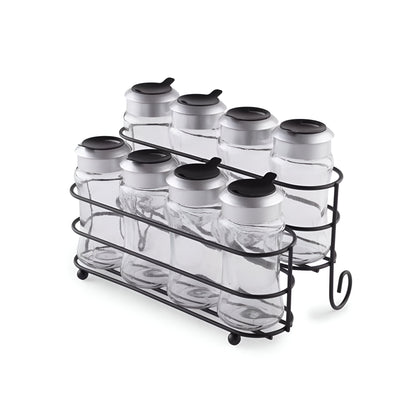 Orion 8-Piece Glass Spice Jar Set Metal Stand, Clear