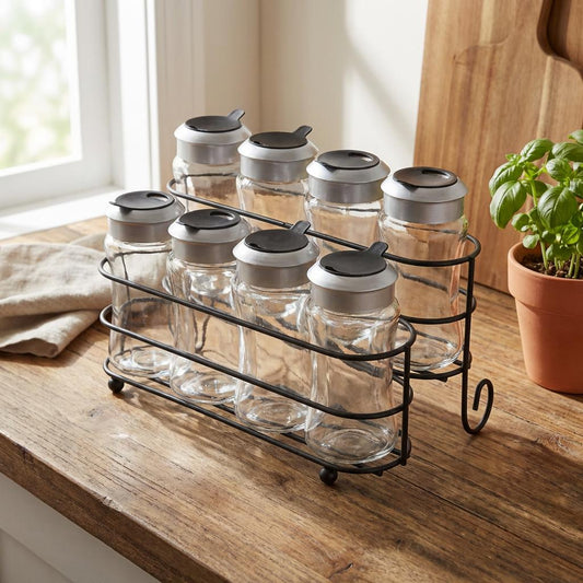 Orion 8-Piece Glass Spice Jar Set Metal Stand, Clear
