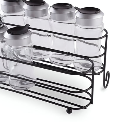 Orion 8-Piece Glass Spice Jar Set Metal Stand, Clear