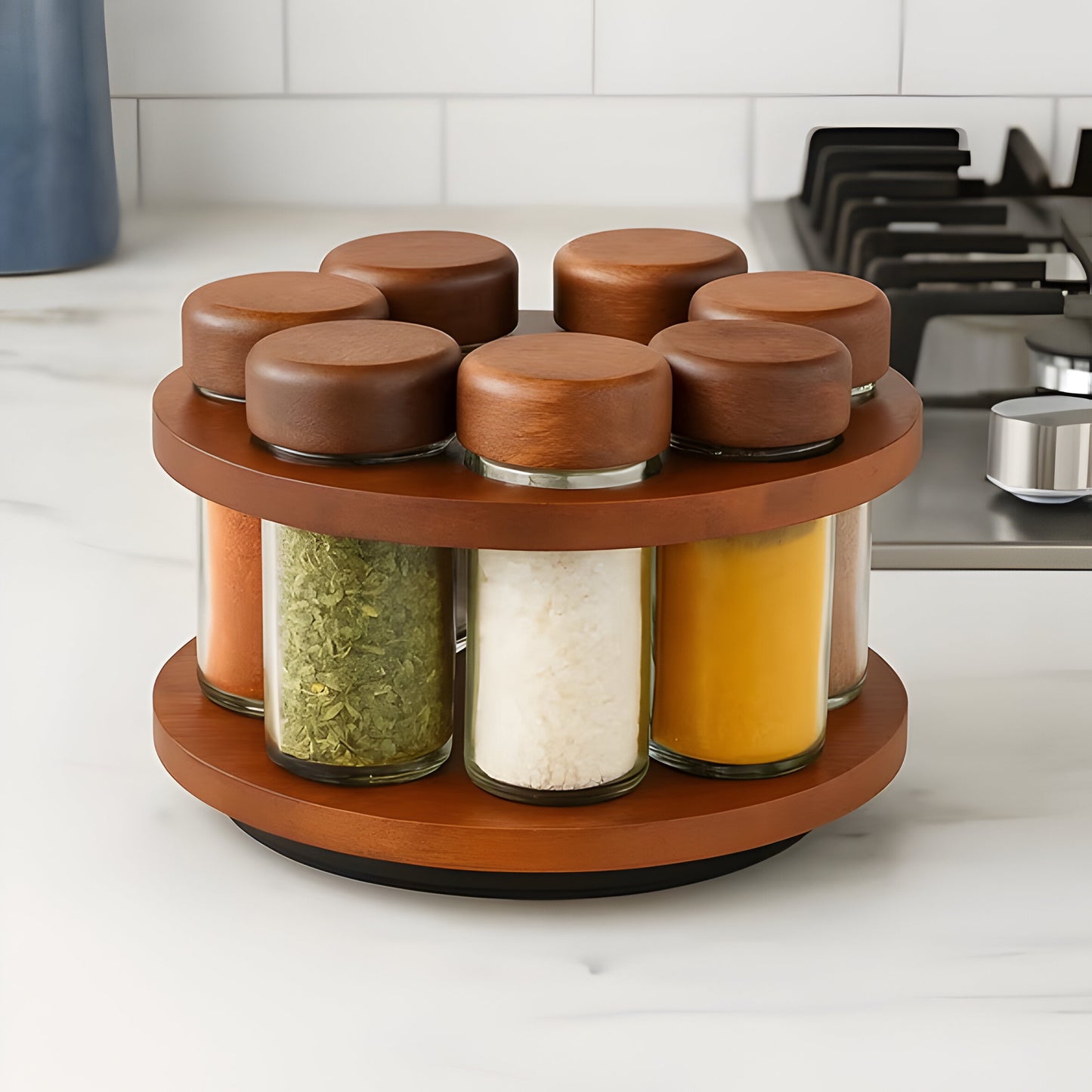Arbor Acacia Wood Rotating Spice Rack, 6 Glass Jars