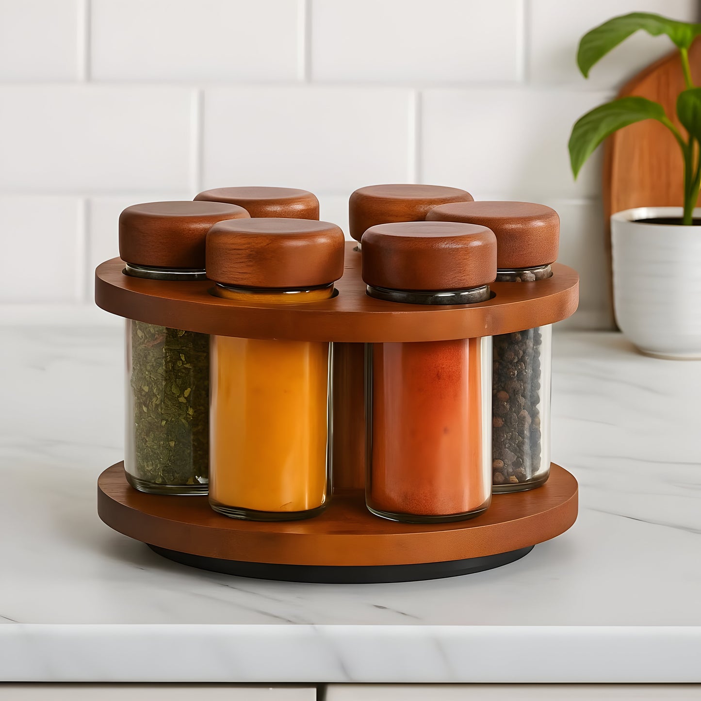 Arbor Acacia Wood Rotating Spice Rack, 6 Glass Jars
