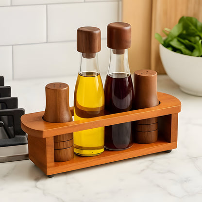 Arbor Glass Cruet Set 5-Piece, Acacia Wood Stand