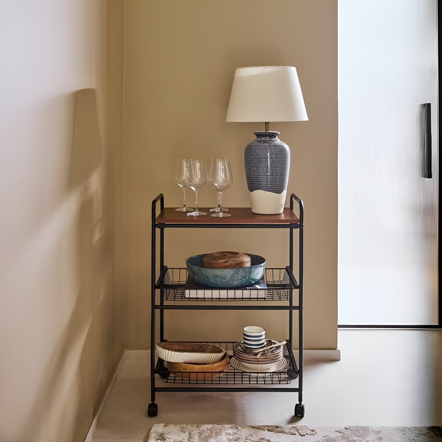 Mobila 3-Tier Kitchen Trolley Black, Wooden Top
