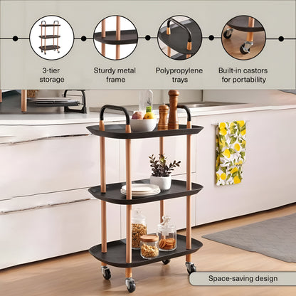Vesta 3-Tier Kitchen Trolley Black, Locking Wheels