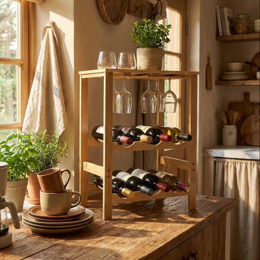 Vino Bamboo Bottle Rack Stand 6-Bottle, Stemware Holder