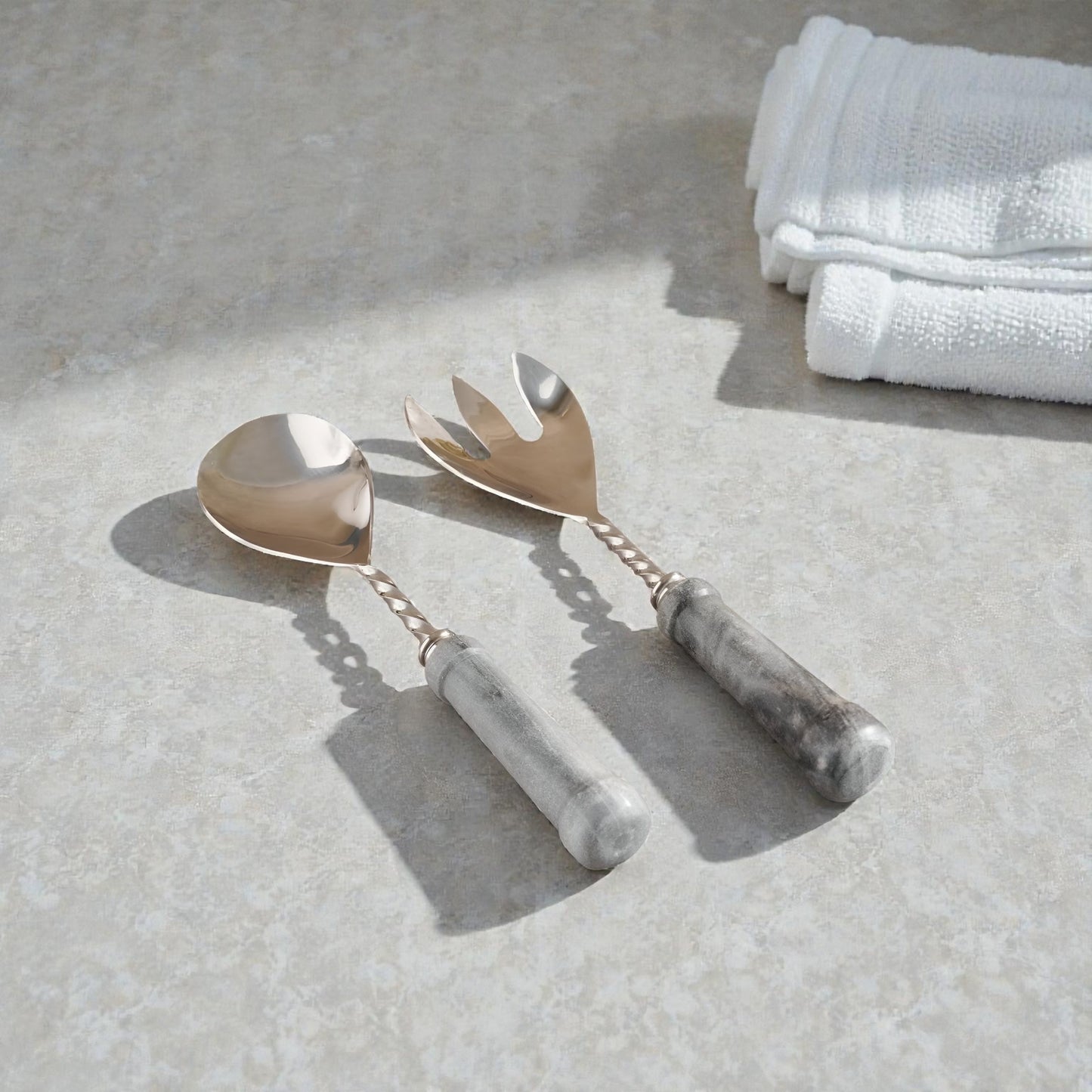 Lithos Marble Salad Serving Set Gray, Stainless Steel