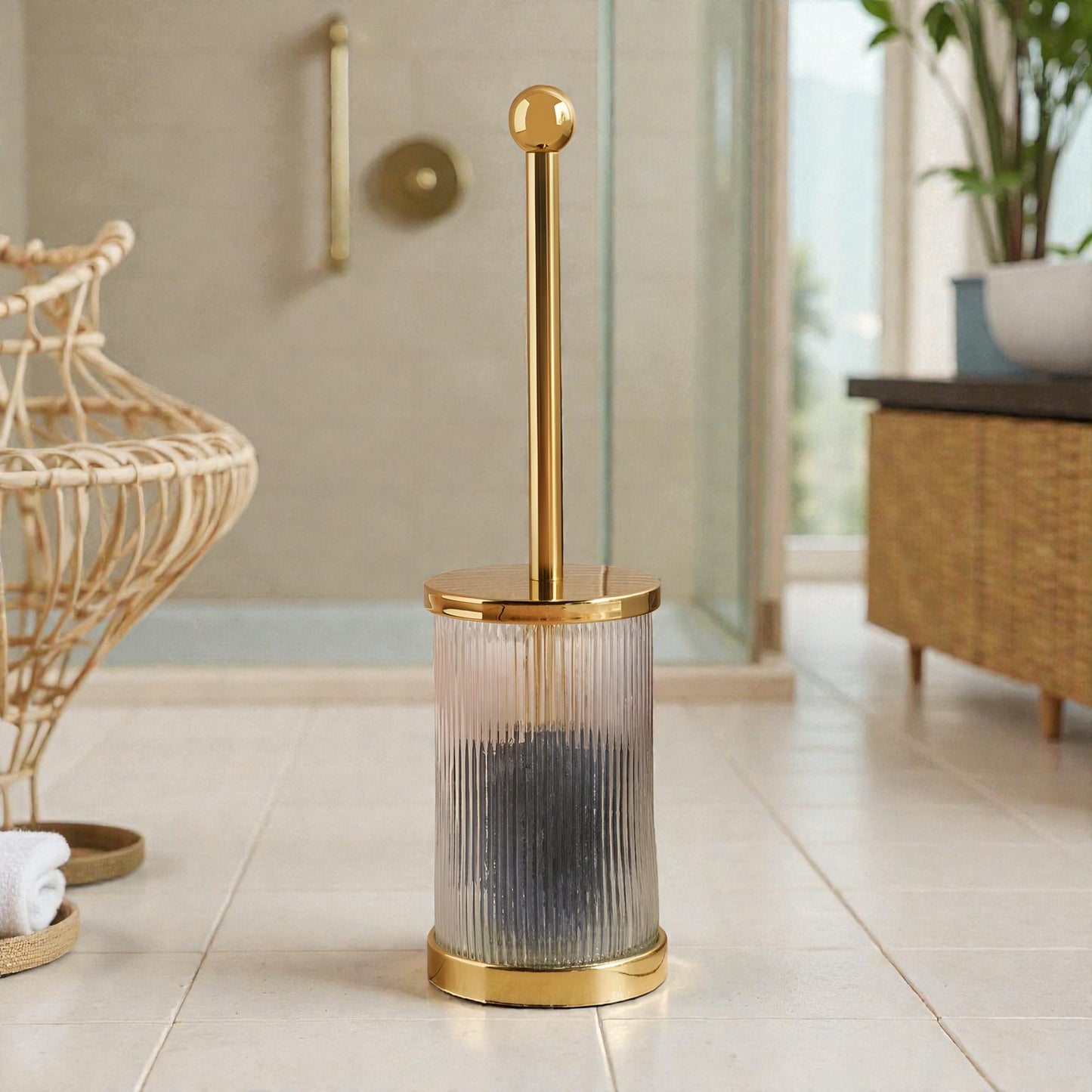 Aurelia Patterned Glass Toilet Brush Holder with Brush, Gold