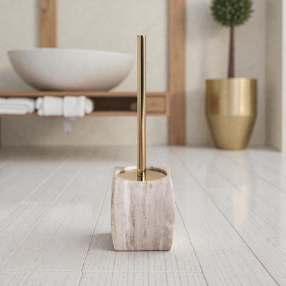 Caspian Beige Marble Toilet Holder with Brush, 15 Inches, Heavy Duty
