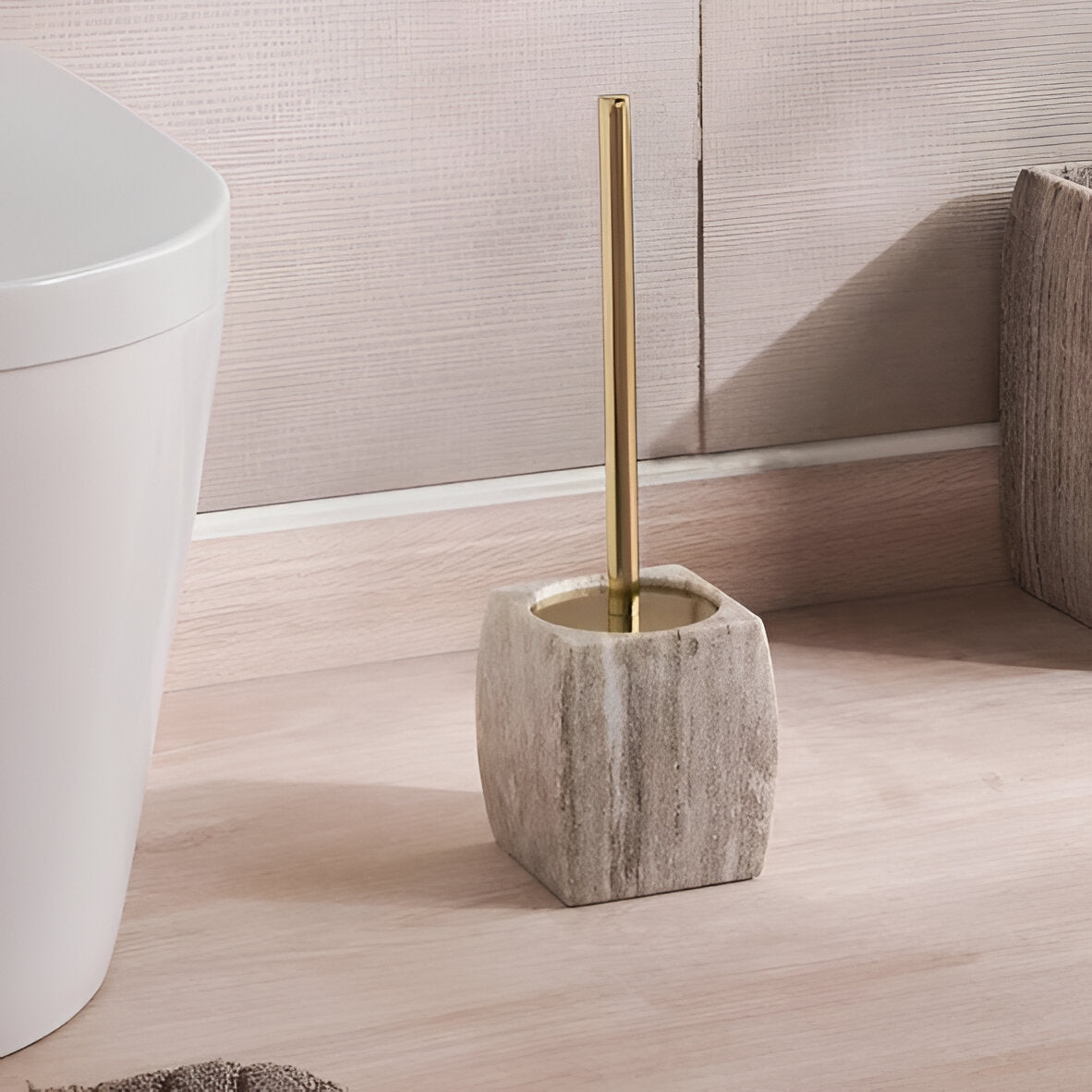 Caspian Beige Marble Toilet Holder with Brush, 15 Inches, Heavy Duty