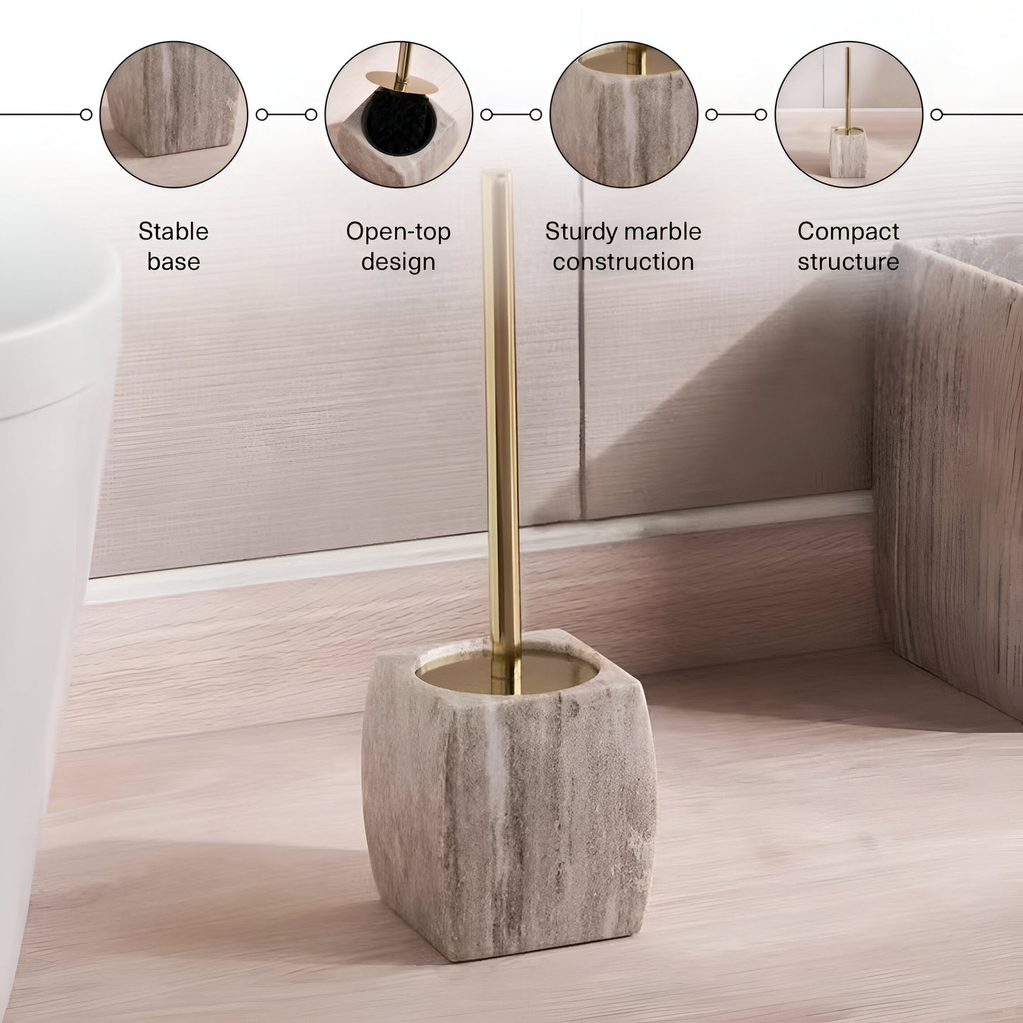 Caspian Beige Marble Toilet Holder with Brush, 15 Inches, Heavy Duty