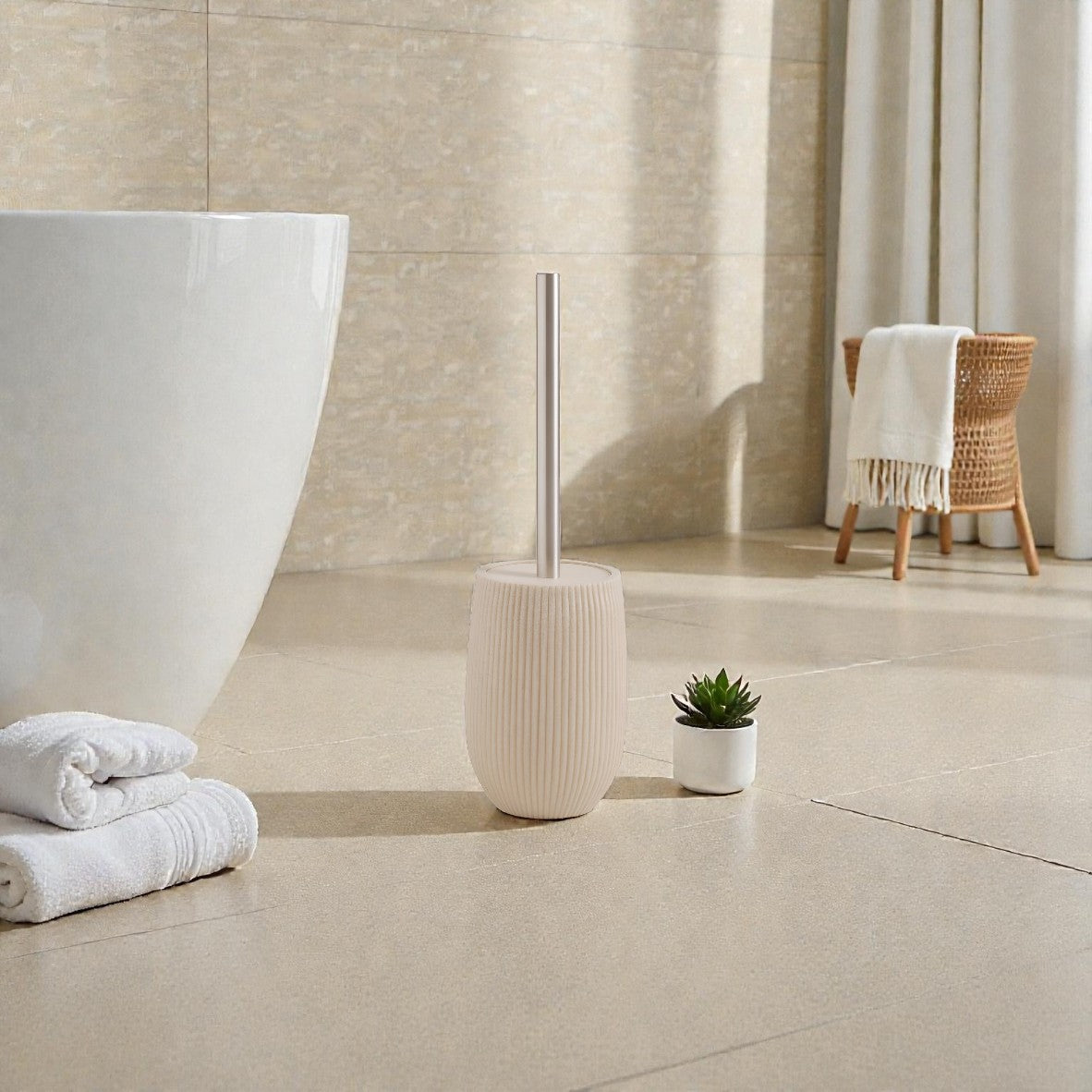 Terra Beige Toilet Brush Holder with Brush, Polyresin, Compact