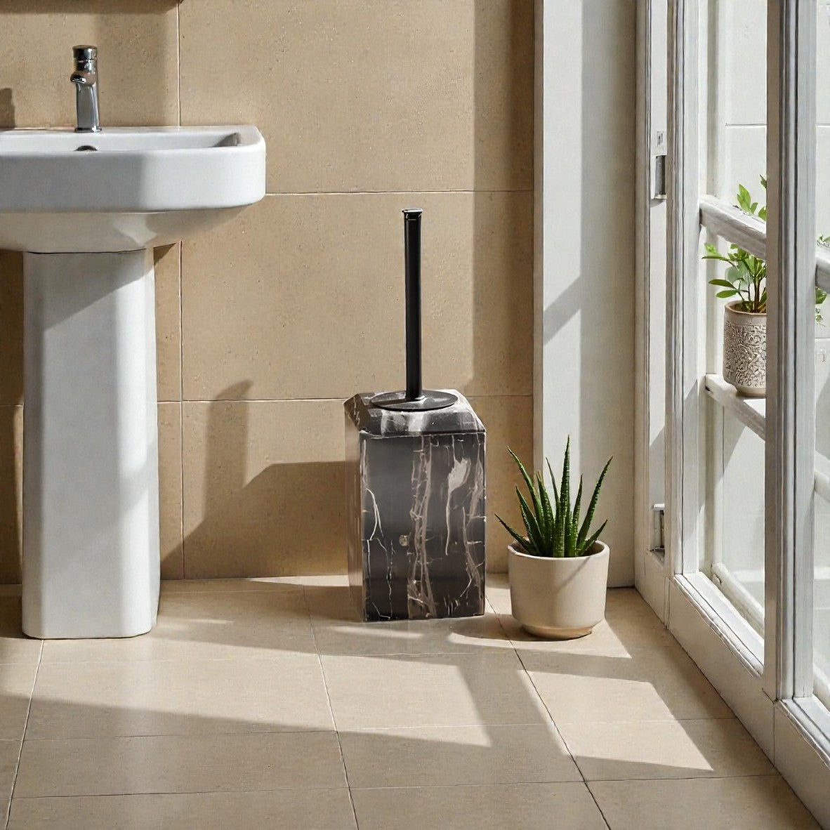 Onyx Black Toilet Brush Holder with Brush, Marble Look, Heavy Duty