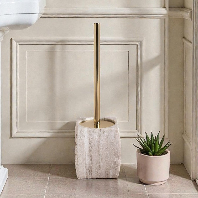 Caspian Beige Marble Toilet Holder with Brush, 15 Inches, Heavy Duty