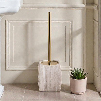 Caspian Beige Marble Toilet Holder with Brush, 15 Inches, Heavy Duty