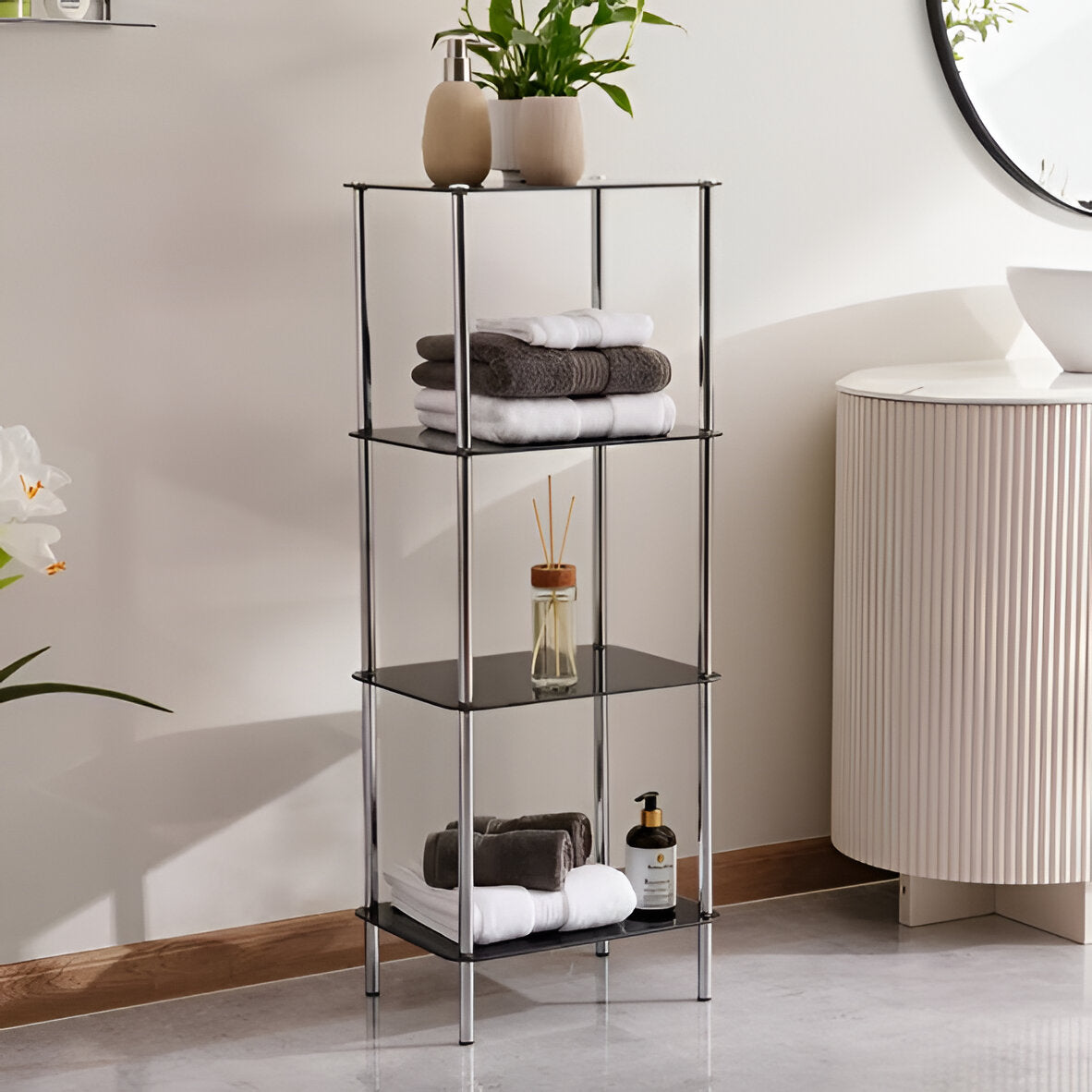 Nero 4-Tier Black Glass Shelf Unit, Tempered Glass