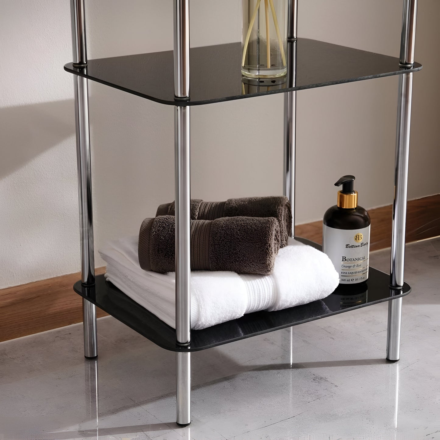 Nero 4-Tier Black Glass Shelf Unit, Tempered Glass