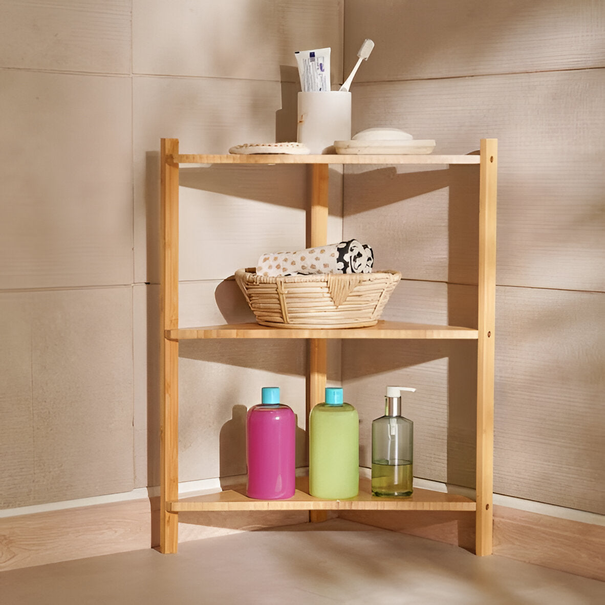 Elara 3-Tier Bamboo Corner Shelf Natural, Space Saving