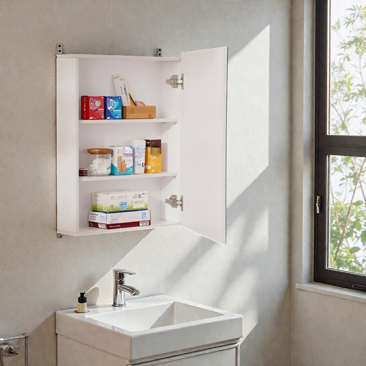 Solis White Medicine Cabinet Wall Mount, Mirrored Door