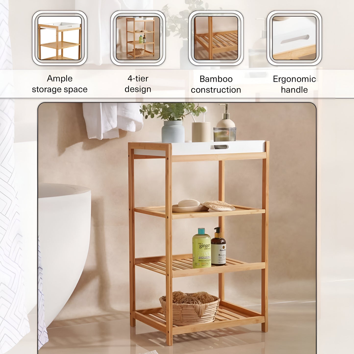 Haven Bamboo Bath Rack Natural, 3-Tier Storage