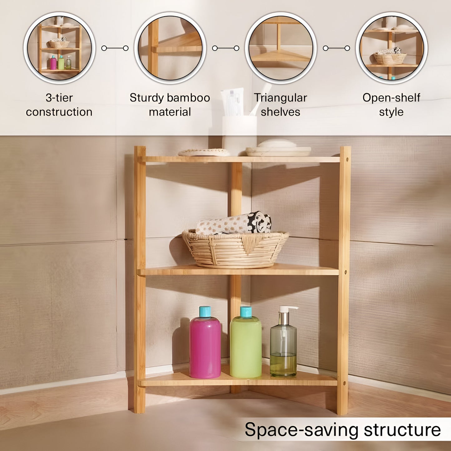 Elara 3-Tier Bamboo Corner Shelf Natural, Space Saving