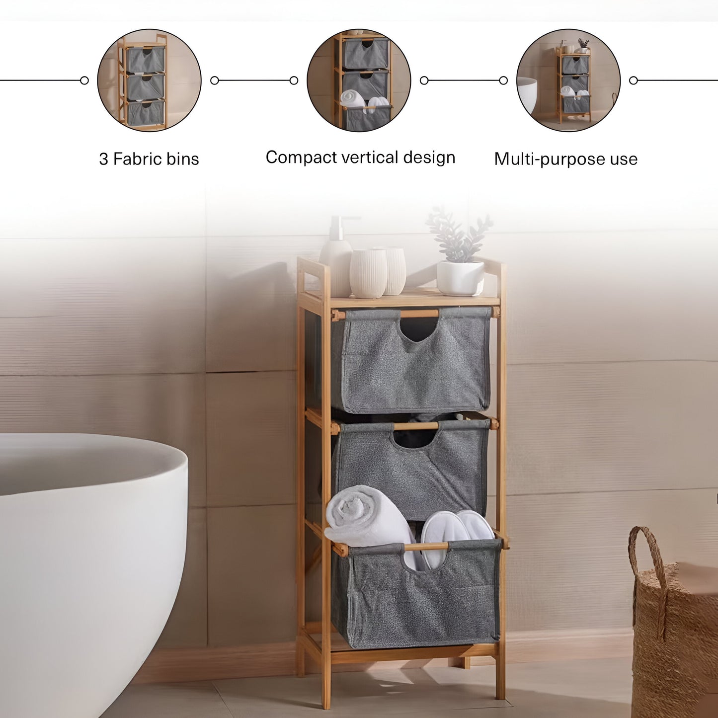 Aria 3-Tier Bamboo Storage Drawers, Natural & Gray