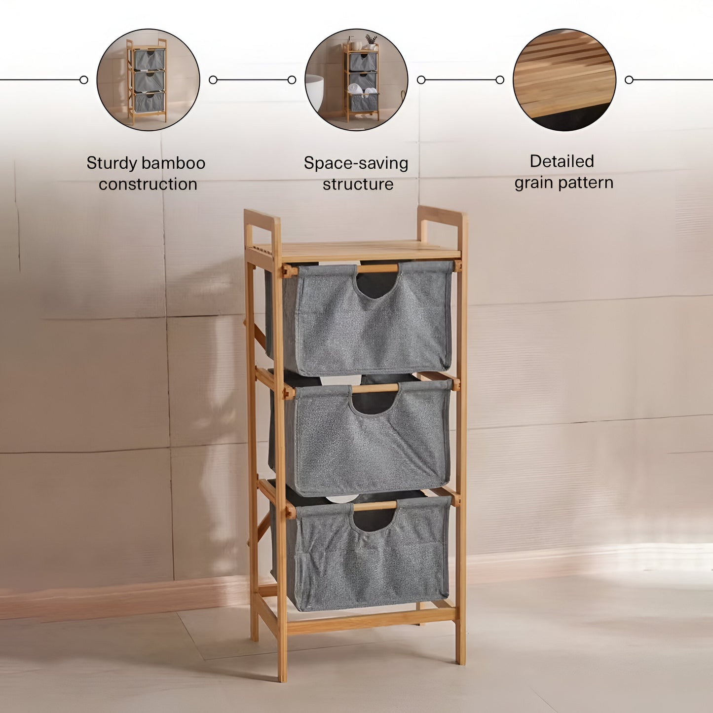 Aria 3-Tier Bamboo Storage Drawers, Natural & Gray