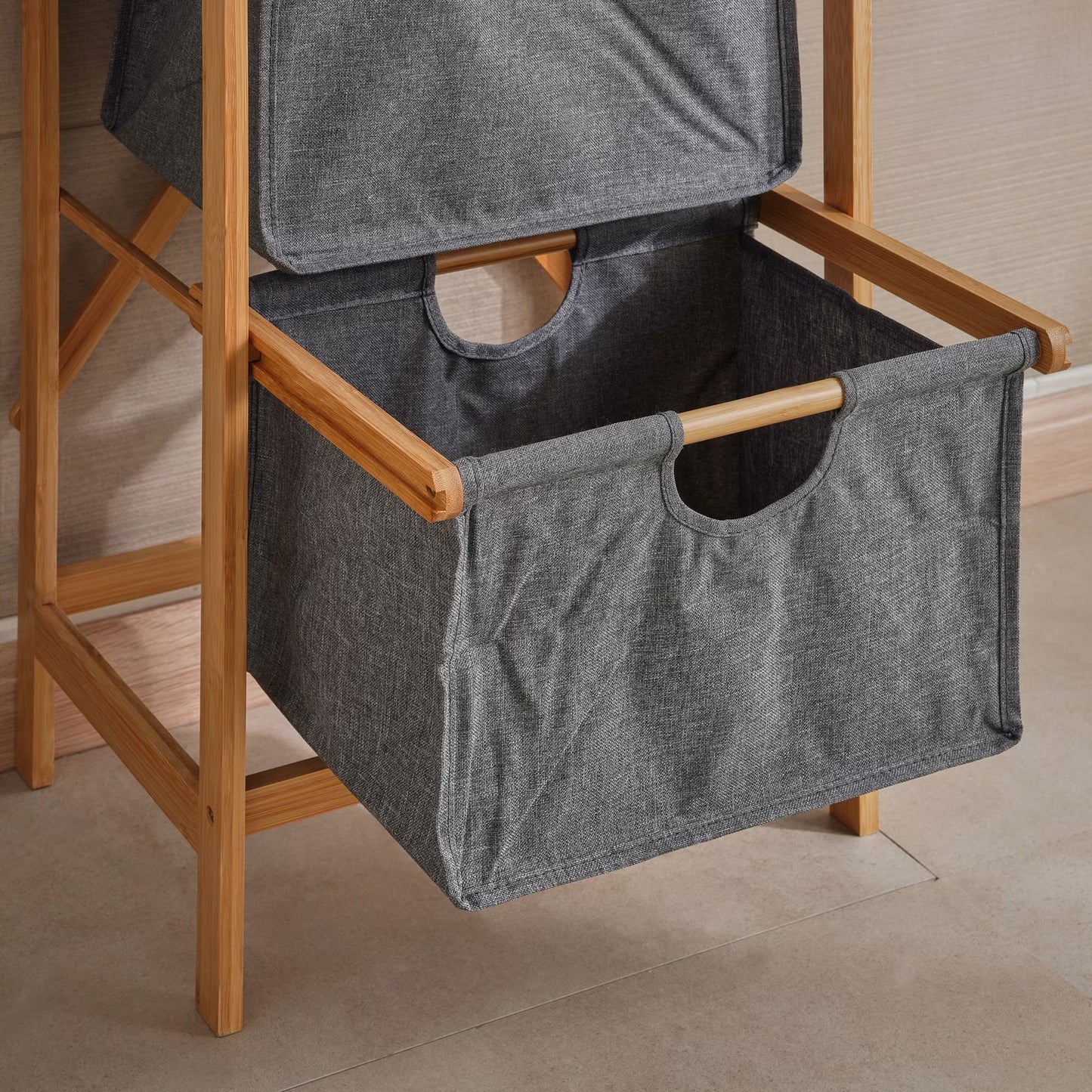 3-Tier Bamboo Bathroom Storage with Fabric Drawers, Natural & Grey
