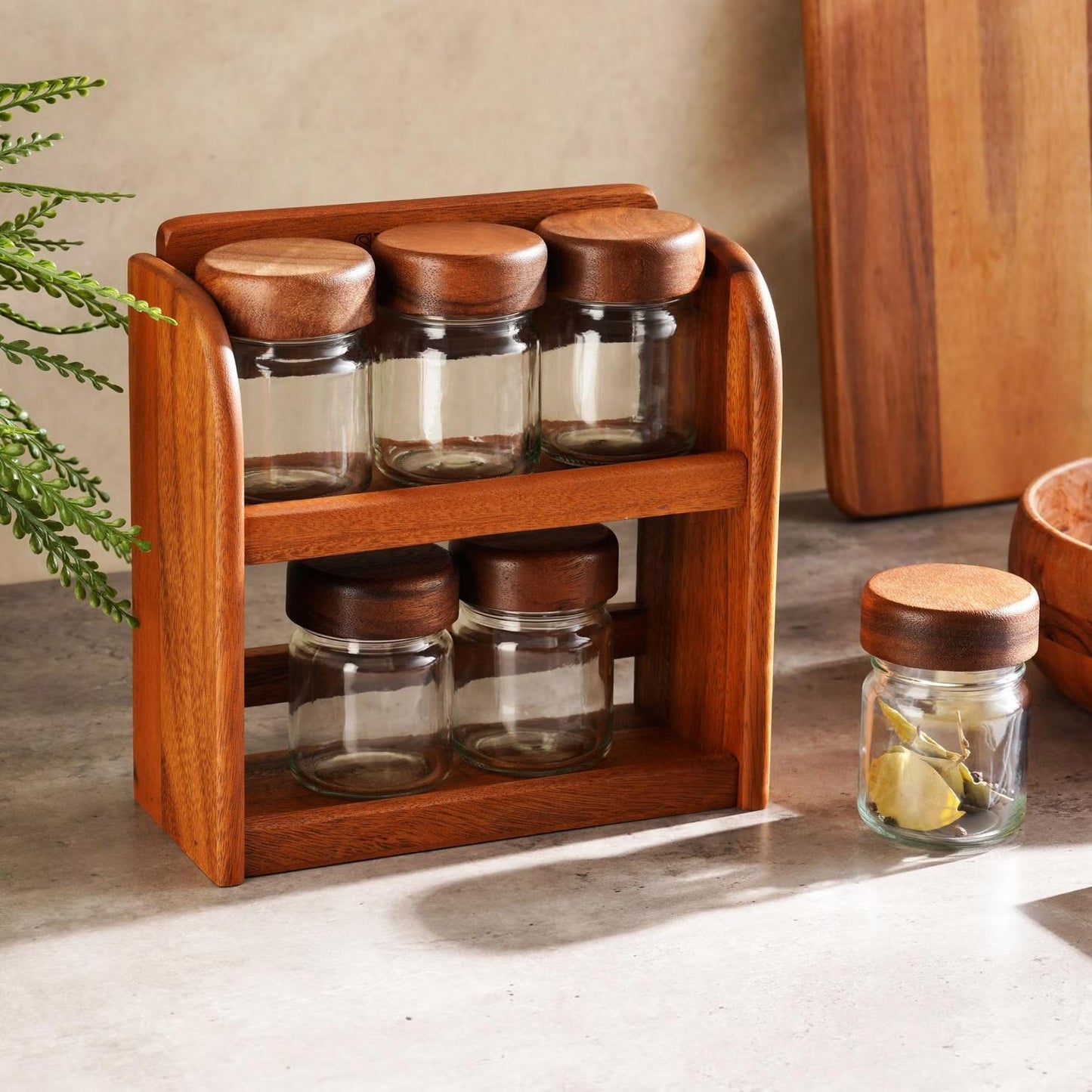 6-Piece Acacia Spice Jar Set with 2-Tier Wooden Stand, Natural Finish