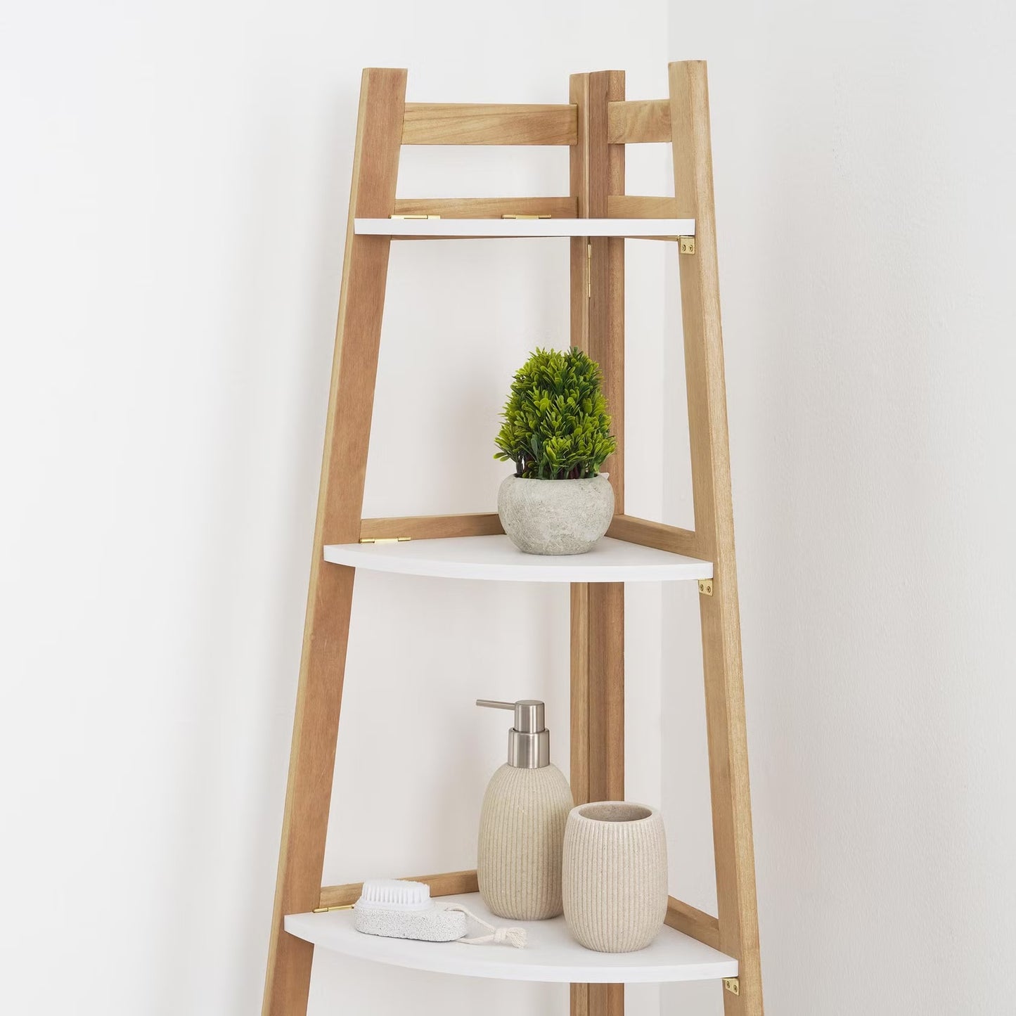 5-Tier Wooden Bathroom Corner Shelf, Natural Finish