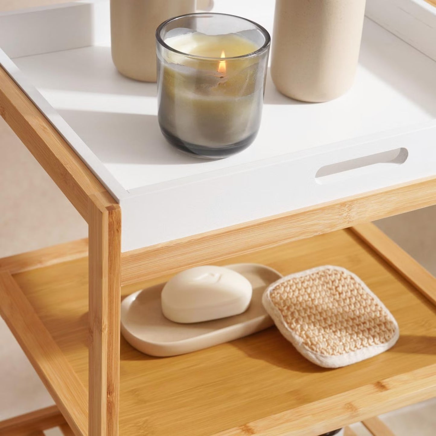 4-Tier Bamboo Bathroom Rack with Removable Tray, Natural Finish