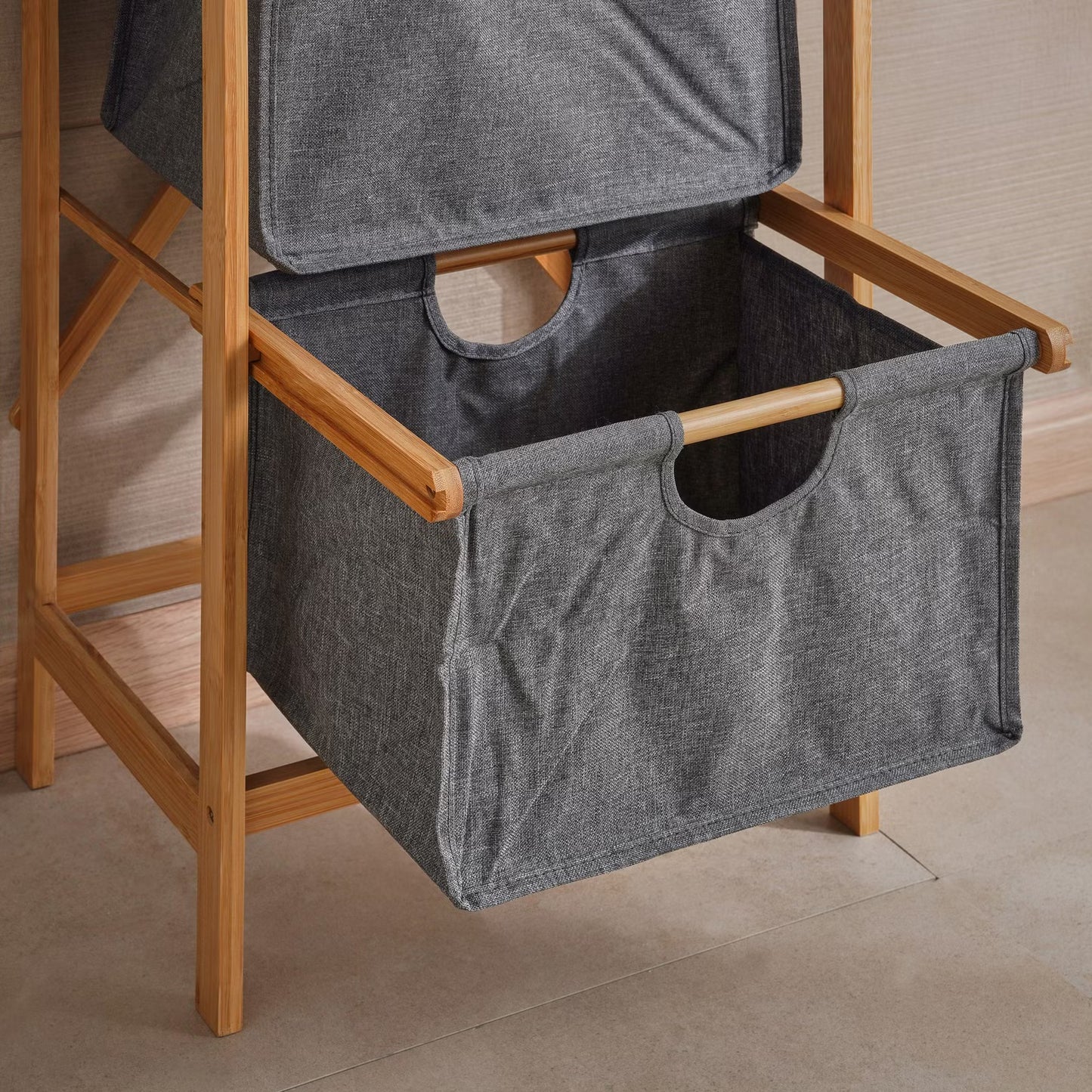 3-Tier Bamboo Bathroom Storage with Fabric Drawers, Natural & Grey