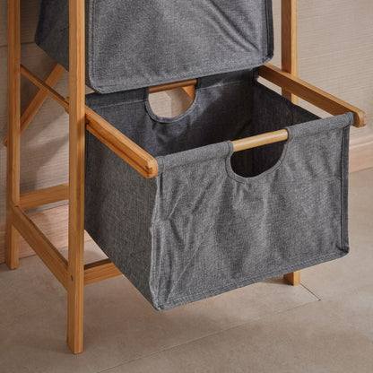 3-Tier Bamboo Bathroom Storage with Fabric Drawers, Natural & Grey
