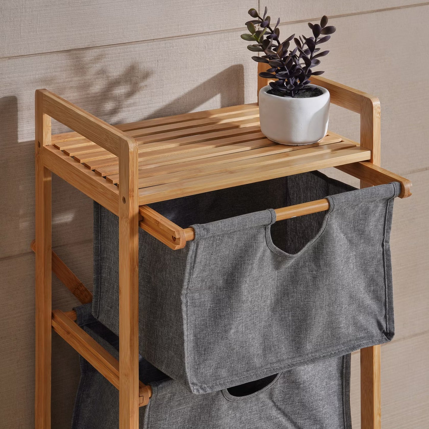 3-Tier Bamboo Bathroom Storage with Fabric Drawers, Natural & Grey