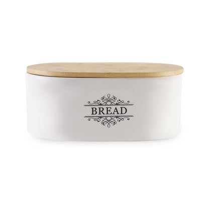 White Ceramic Bread Storage with Wooden Lid