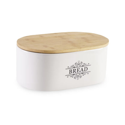 White Ceramic Bread Storage with Wooden Lid