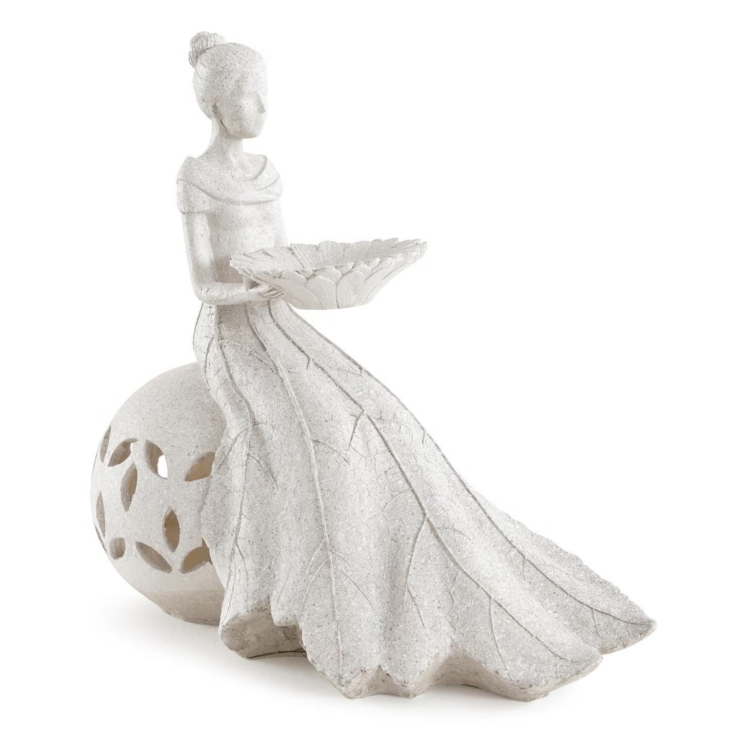 Resin Sitting Garden Lady Figurine with LED Light, Light Grey