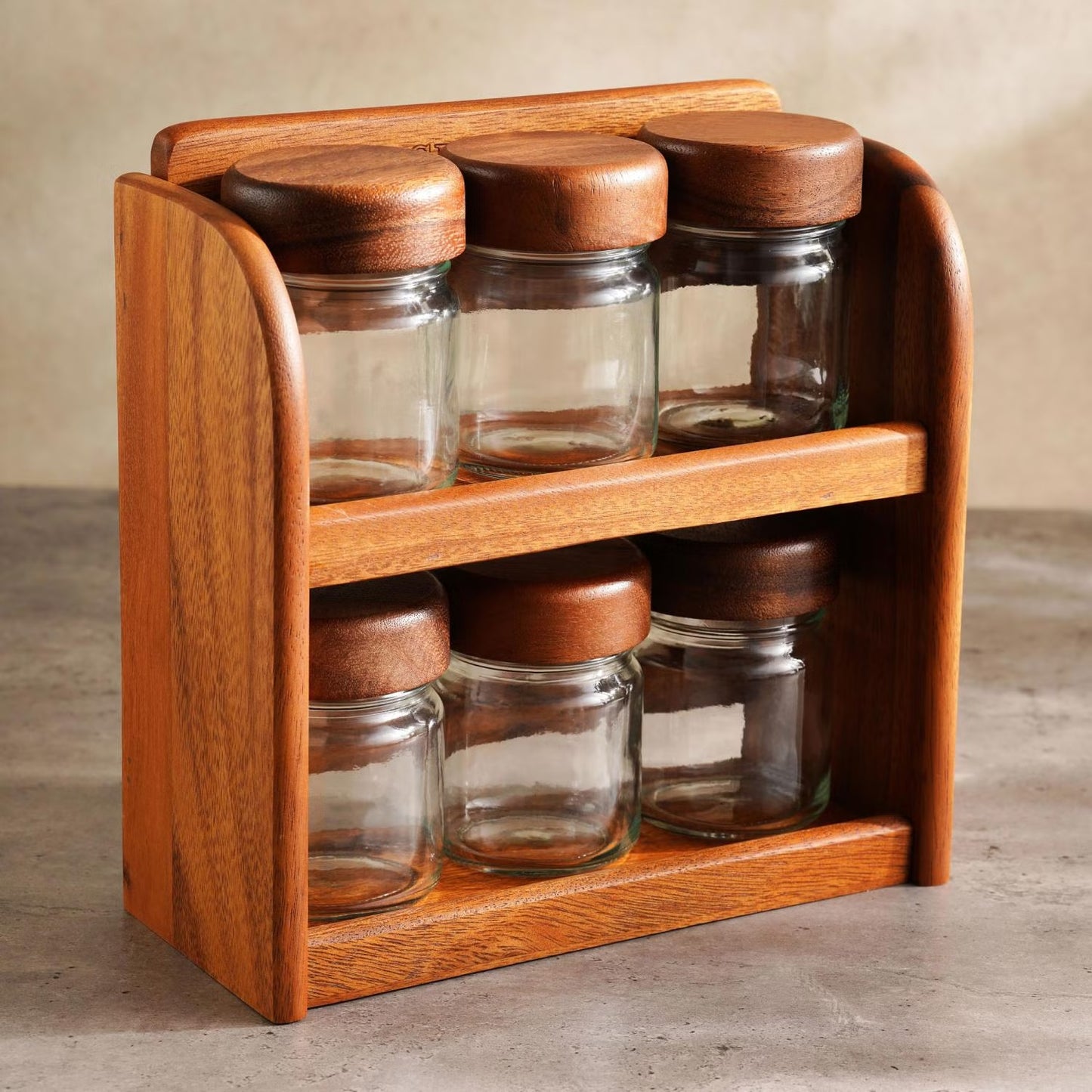 6-Piece Acacia Spice Jar Set with 2-Tier Wooden Stand, Natural Finish