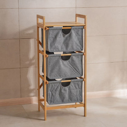 3-Tier Bamboo Bathroom Storage with Fabric Drawers, Natural & Grey