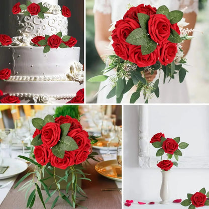 Artificial Red Roses with Stems – Realistic Decorative Set